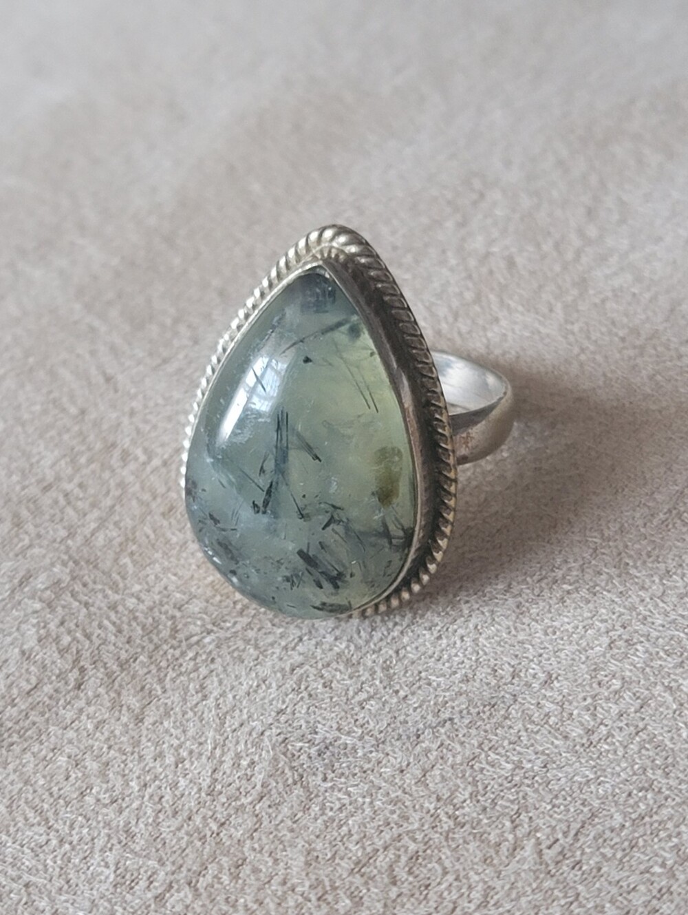.925 Prehnite Gemstone Teardrop Ring, Size 8